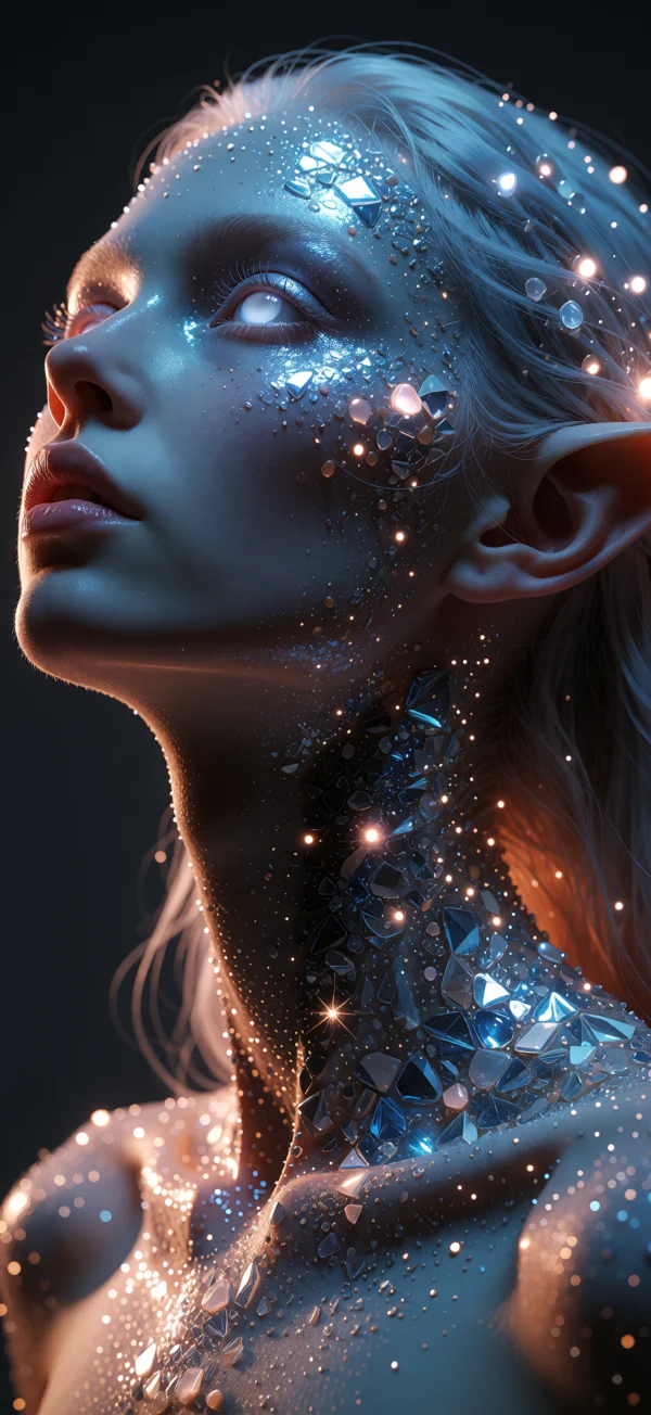 A close-up portrait of a fantastical elf-like woman with white hair and pointed ears, gazing upward, her face and neck dissolving into glowing blue crystals and sparkling particles against a dark background.