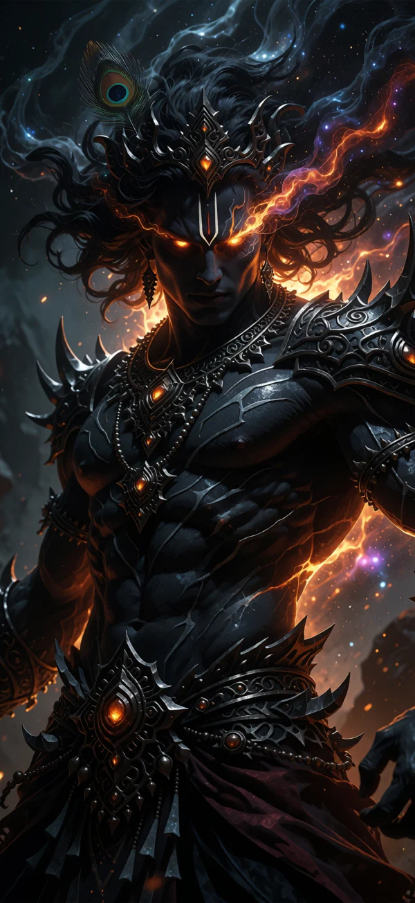 Dark fantasy style Lord Krishna with glowing orange eyes, ornate black spiked armor, a crown adorned with a peacock feather, and a fiery cosmic background