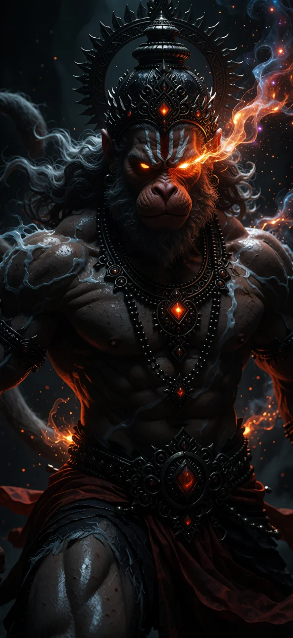 Dark fantasy style digital artwork of Lord Hanuman with glowing orange eyes, an ornate black crown with red gems, beaded necklaces, and fiery smoke effects against a black background
