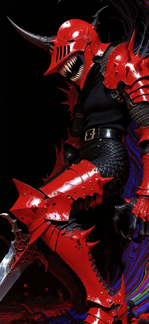 A menacing red armored demon knight with a horned helmet, sharp fangs, spiked plate armor, black scale mail, and a glowing sword against a dark background with blue energy effects.