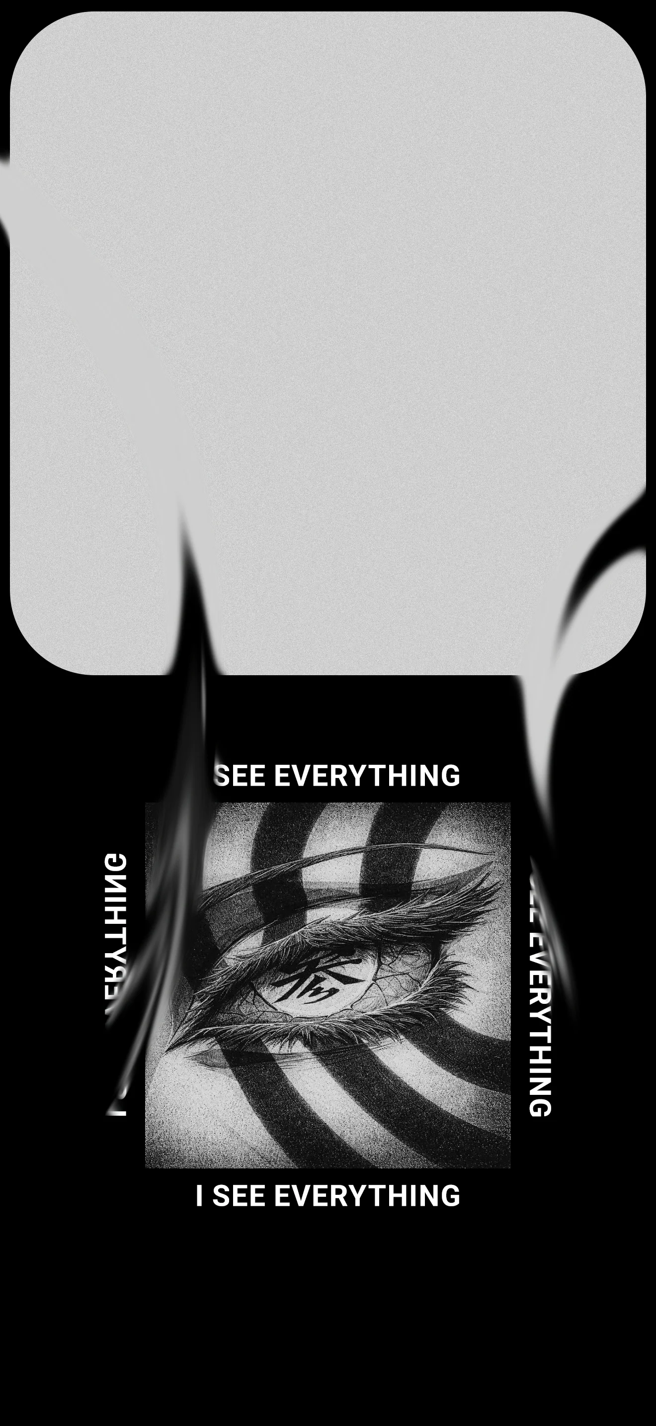 4K Black and white anime illustration of a detailed eye with the phrase I see everything written around it, Akaza Demon Slayer style wallpaper 2340x1080