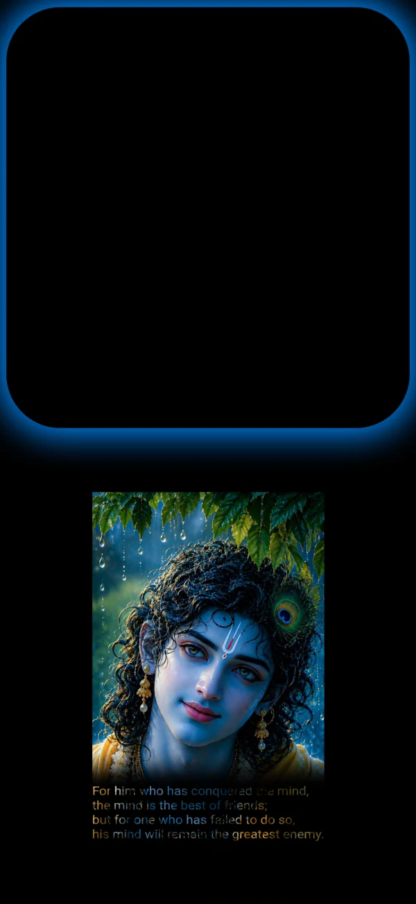 High-quality digital painting of Lord Krishna with blue skin, curly hair, a peacock feather in his hair, gold earrings, and a tilak on his forehead, framed by green leaves with water droplets, accompanied by a motivational quote about mastering the mind.