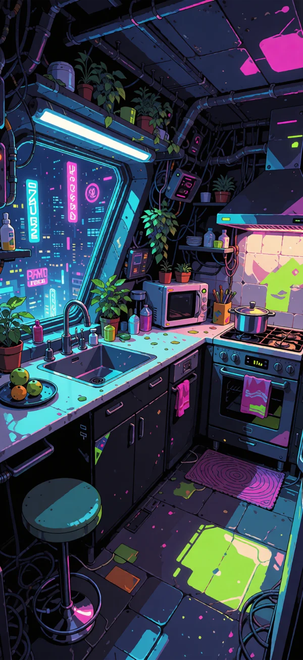 A neon-lit cyberpunk kitchen illustration with cyan and magenta lighting, a futuristic city view through the window, potted plants, a microwave, stove, sink, and a bar stool.