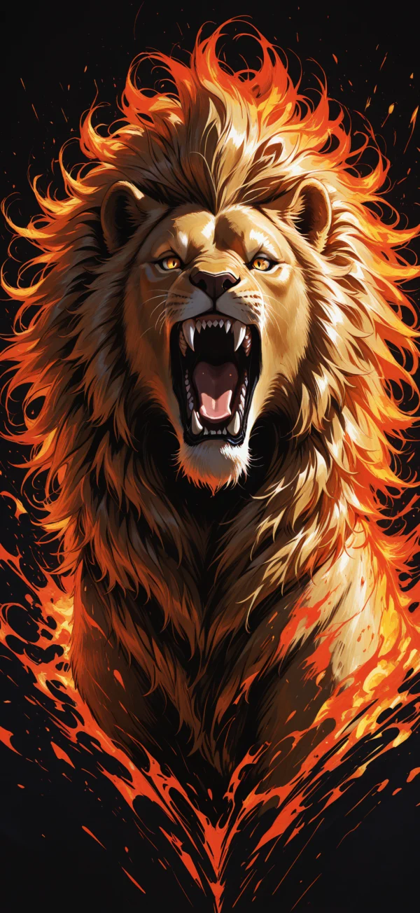 A roaring male lion with a fiery orange and red flame-like mane set against a black background, digital illustration wallpaper