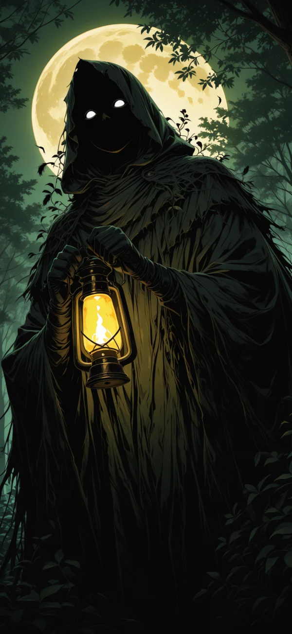 A dark hooded wraith with glowing white eyes holding a lit oil lantern in a moonlit forest
