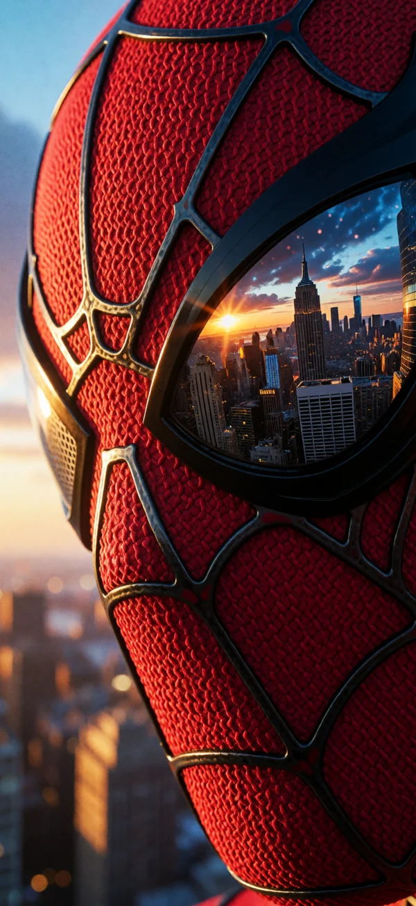 Close-up of a red Spider-Man mask with black webbing, the eye lens reflecting a New York City skyline at sunset