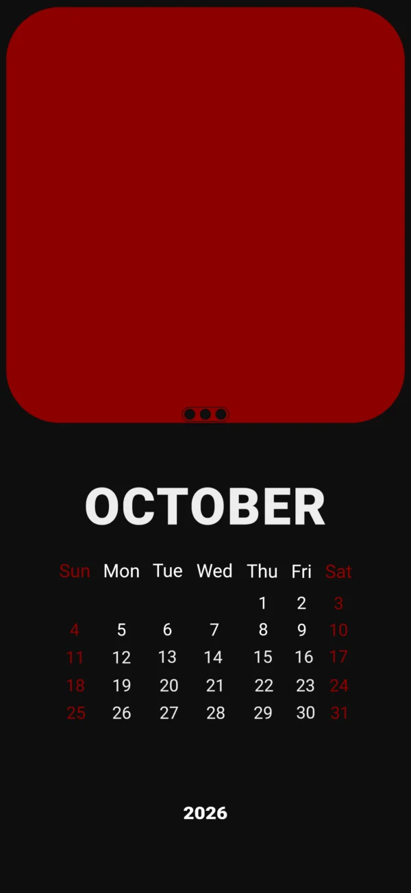 Minimalist October 2026 calendar wallpaper with a red panel on a black background
